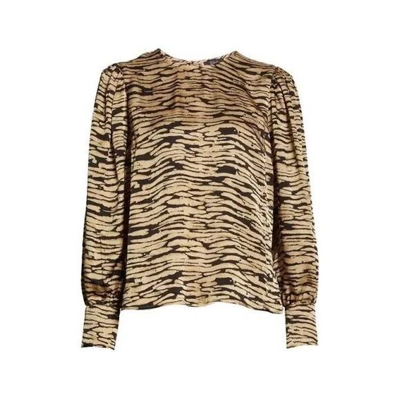 Rails Rozz Canyon Gold Black Animal Stripe Satin Puff Sleeve Blouse Womens Small - Picture 11 of 16